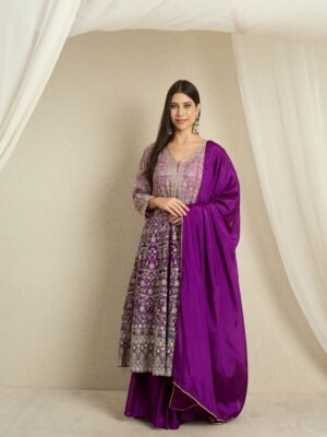 Purple Chinon Embroidered Kurta with Lehenga Set & Dupatta