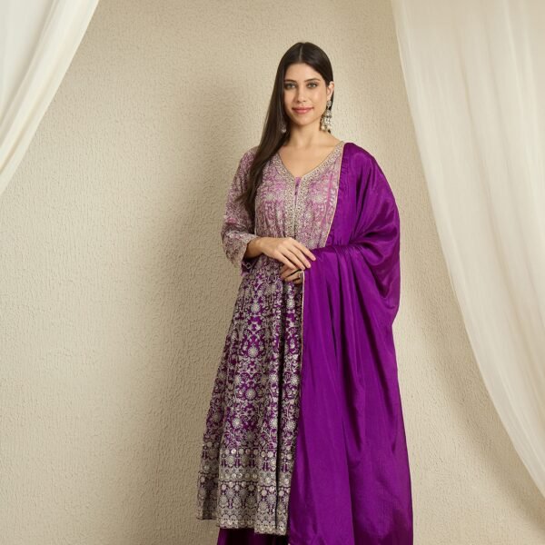Purple Chinon Embroidered Kurta with Lehenga Set & Dupatta