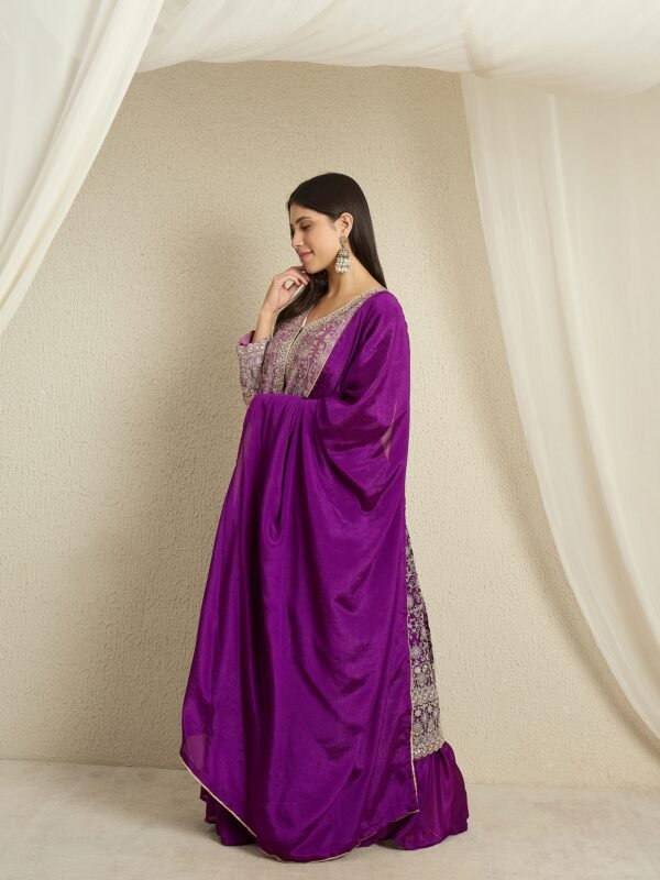 Purple Chinon Embroidered Kurta with Lehenga Set & Dupatta