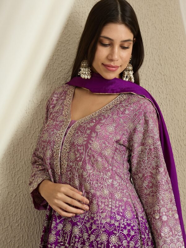 Purple Chinon Embroidered Kurta with Lehenga Set & Dupatta