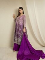 Purple Chinon Embroidered Kurta with Lehenga Set & Dupatta