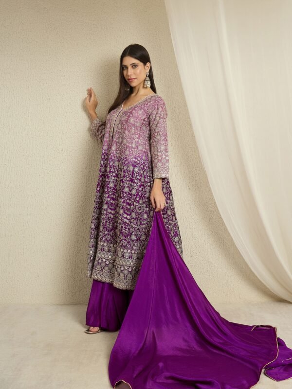 Purple Chinon Embroidered Kurta with Lehenga Set & Dupatta