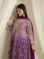 Purple Chinon Embroidered Kurta with Lehenga Set & Dupatta