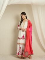 Off-White Embroidered Chinon Kurta Palazzo Set with Dupatta