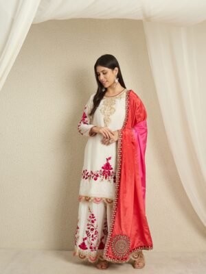 Off-White Embroidered Chinon Kurta Palazzo Set with Dupatta
