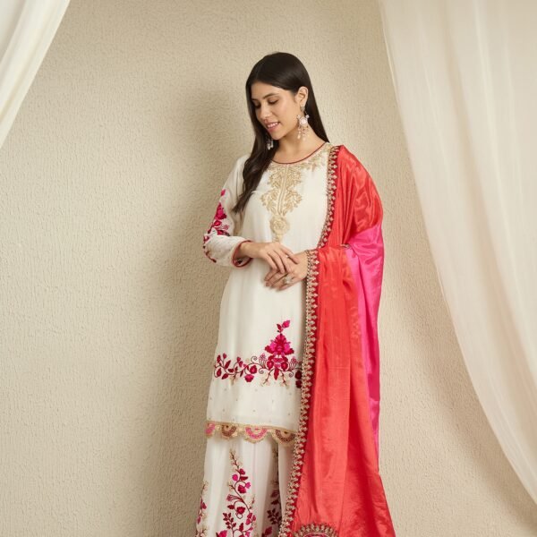 Off-White Embroidered Chinon Kurta Palazzo Set with Dupatta
