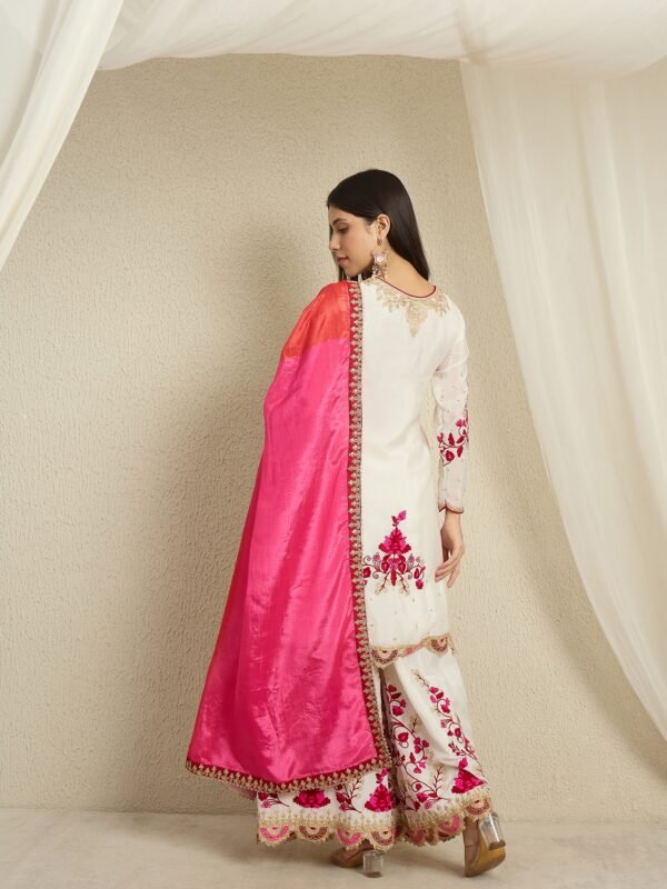 Off-White Embroidered Chinon Kurta Palazzo Set with Dupatta