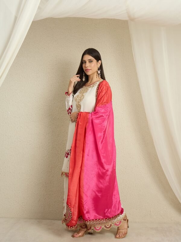 Off-White Embroidered Chinon Kurta Palazzo Set with Dupatta