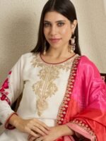 Off-White Embroidered Chinon Kurta Palazzo Set with Dupatta