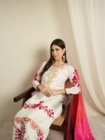 Off-White Embroidered Chinon Kurta Palazzo Set with Dupatta
