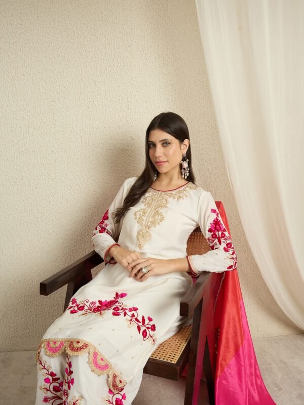 Off-White Embroidered Chinon Kurta Palazzo Set with Dupatta