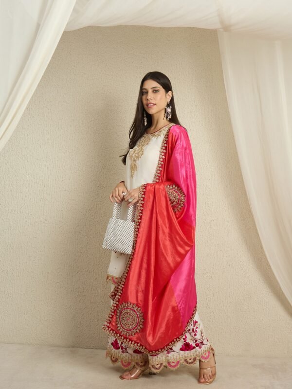 Off-White Embroidered Chinon Kurta Palazzo Set with Dupatta