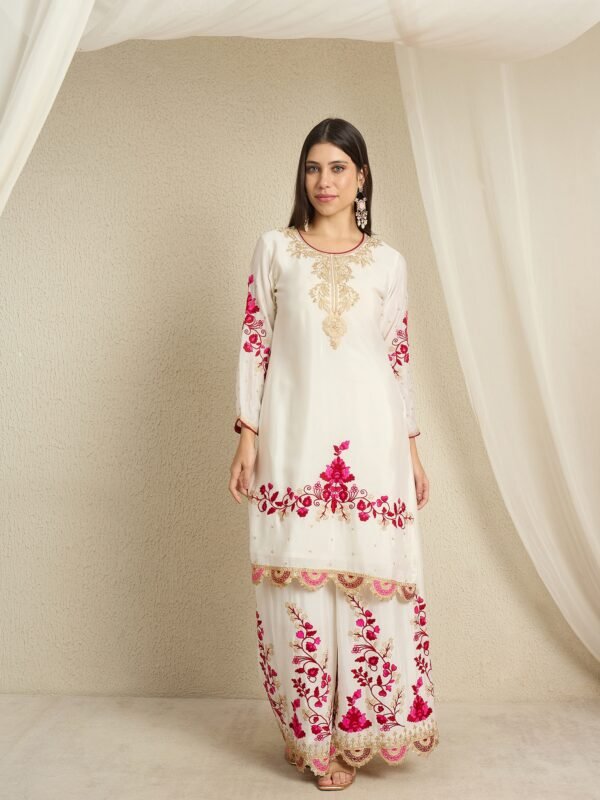 Off-White Embroidered Chinon Kurta Palazzo Set with Dupatta