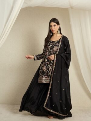 Black Chinon Embroidered Kurta Palazzo Set with Dupatta