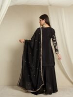Black Chinon Embroidered Kurta Palazzo Set with Dupatta
