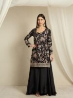 Black Chinon Embroidered Kurta Palazzo Set with Dupatta