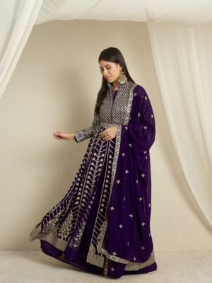 Purple Faux Georgette Anarkali Kurta Lehenga Set with Dupatta