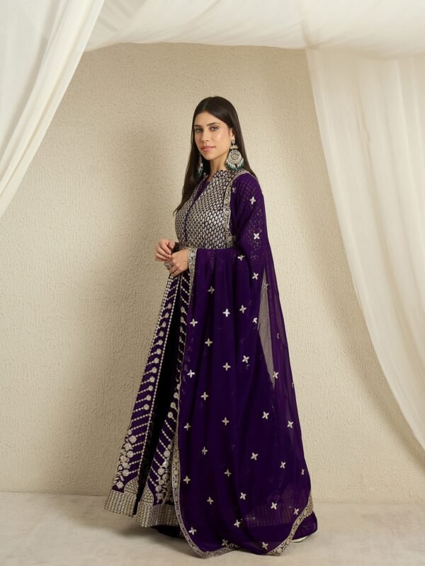 Purple Faux Georgette Anarkali Kurta Lehenga Set with Dupatta