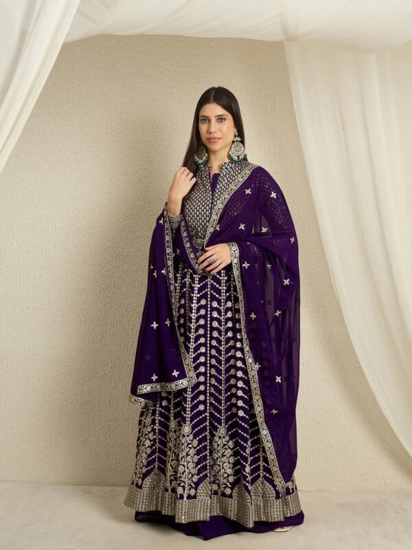 Purple Faux Georgette Anarkali Kurta Lehenga Set with Dupatta