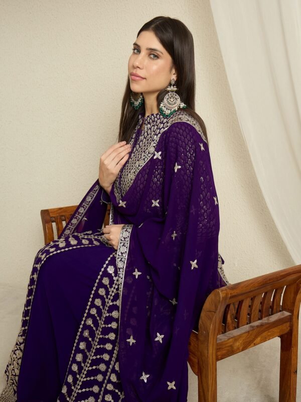 Purple Faux Georgette Anarkali Kurta Lehenga Set with Dupatta