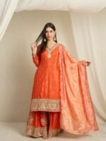 Orange Embroidered Kurta Palazzo | Bandhani Dupatta | V Neck