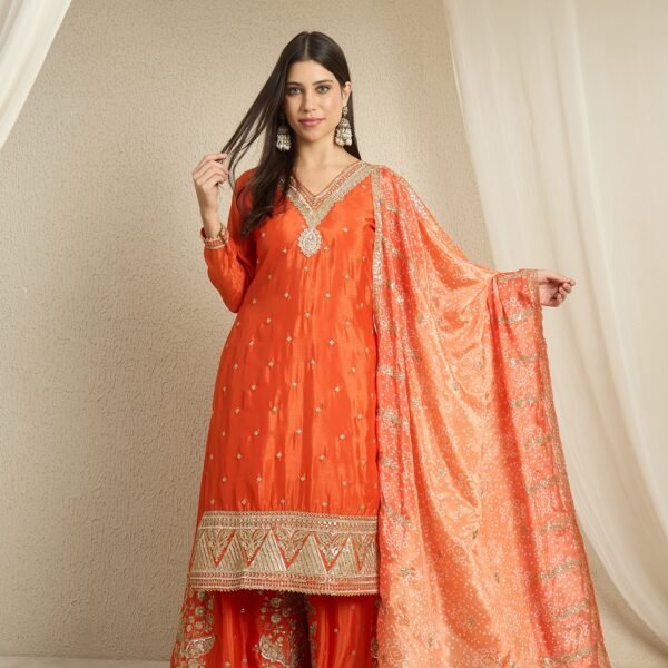 Orange Embroidered Kurta Palazzo | Bandhani Dupatta | V Neck