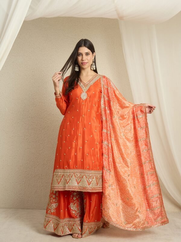 Orange Embroidered Kurta Palazzo | Bandhani Dupatta | V Neck