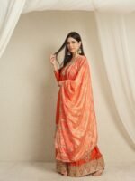Orange Embroidered Kurta Palazzo | Bandhani Dupatta | V Neck