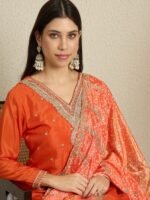 Orange Embroidered Kurta Palazzo | Bandhani Dupatta | V Neck