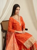 Orange Embroidered Kurta Palazzo | Bandhani Dupatta | V Neck