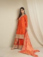 Orange Embroidered Kurta Palazzo | Bandhani Dupatta | V Neck