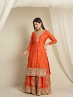 Orange Embroidered Kurta Palazzo | Bandhani Dupatta | V Neck