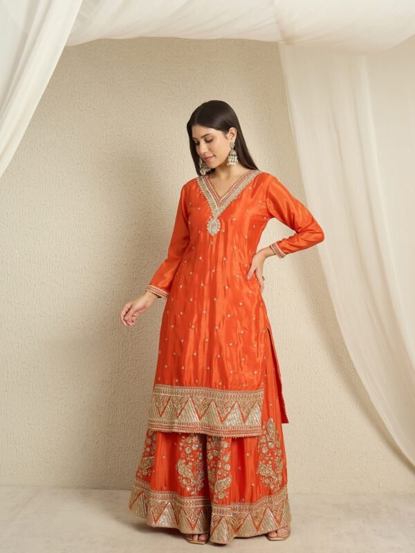 Orange Embroidered Kurta Palazzo | Bandhani Dupatta | V Neck