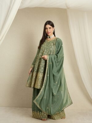 Green Embroidered Georgette Straight Kurta Palazzo Set with Dupatta