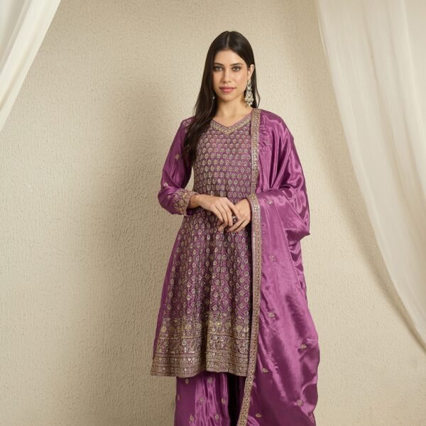 Purple Chinon Embroidered A-Line Kurta Palazzo Set with Dupatta