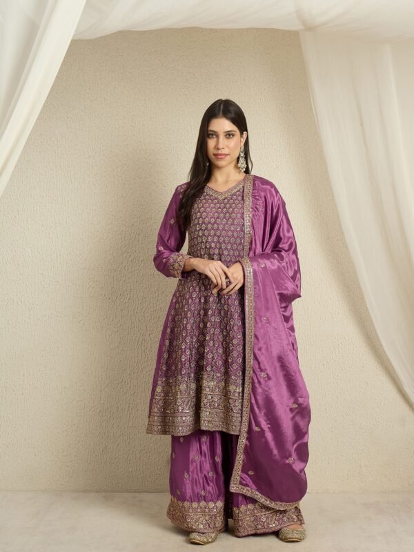 Purple Chinon Embroidered A-Line Kurta Palazzo Set with Dupatta