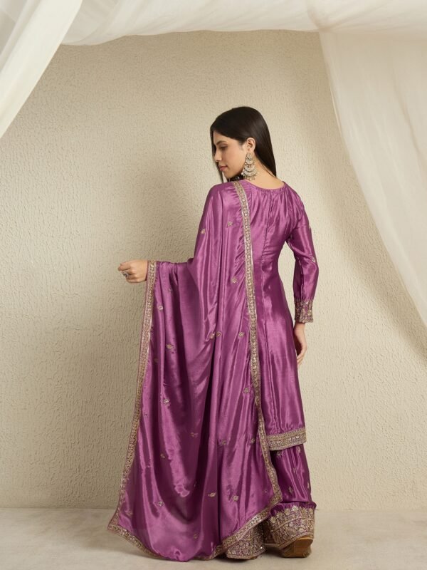Purple Chinon Embroidered A-Line Kurta Palazzo Set with Dupatta
