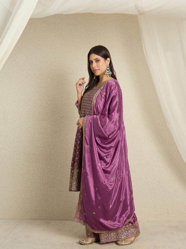 Purple Chinon Embroidered A-Line Kurta Palazzo Set with Dupatta