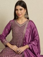 Purple Chinon Embroidered A-Line Kurta Palazzo Set with Dupatta