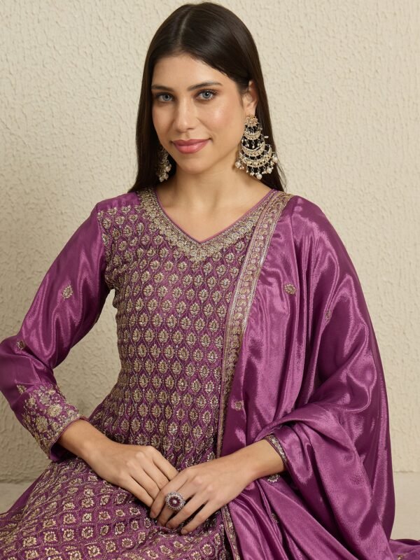 Purple Chinon Embroidered A-Line Kurta Palazzo Set with Dupatta