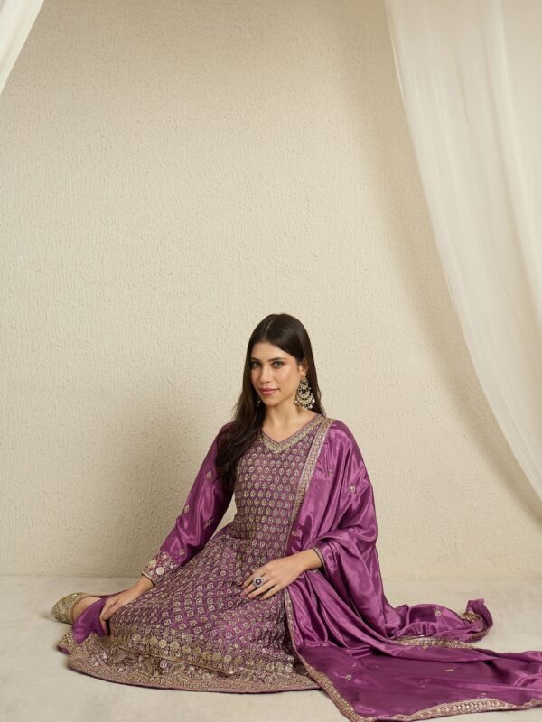 Purple Chinon Embroidered A-Line Kurta Palazzo Set with Dupatta