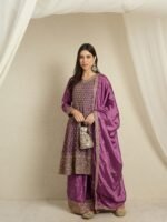 Purple Chinon Embroidered A-Line Kurta Palazzo Set with Dupatta