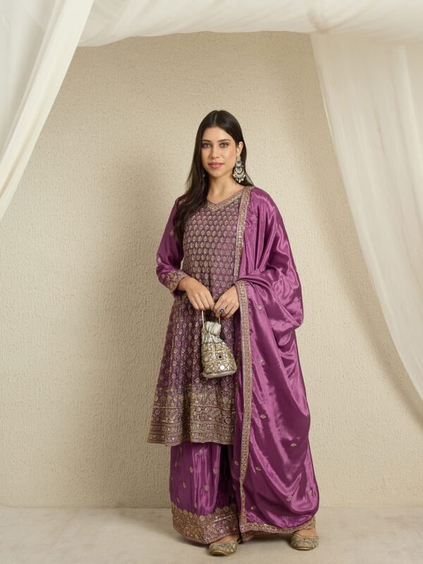 Purple Chinon Embroidered A-Line Kurta Palazzo Set with Dupatta