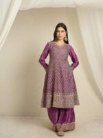 Purple Chinon Embroidered A-Line Kurta Palazzo Set with Dupatta