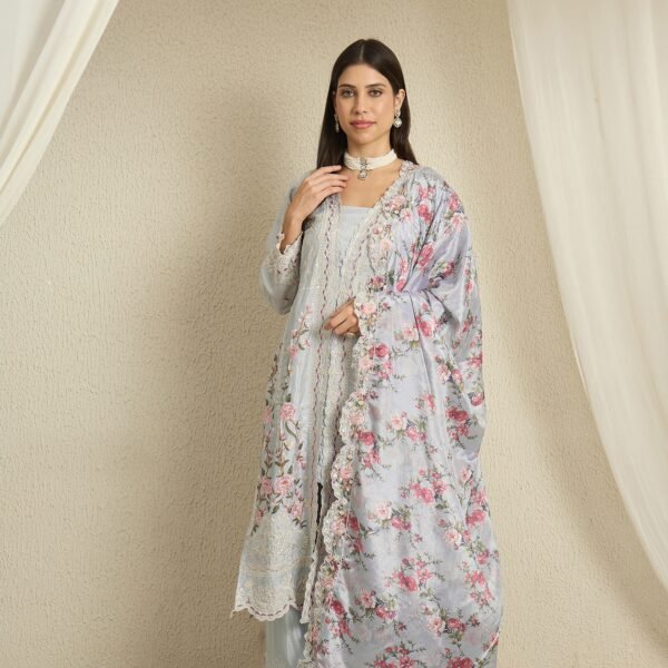 Light Blue Embroidered Kurta Palazzo | Square Neck | Digital Print