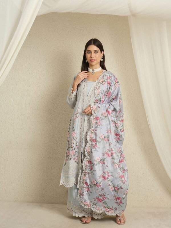 Light Blue Embroidered Kurta Palazzo | Square Neck | Digital Print