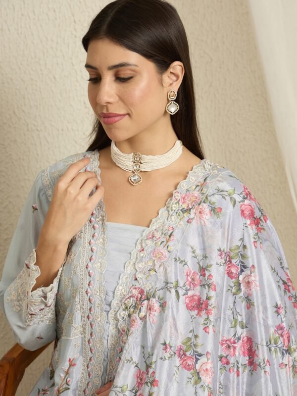 Light Blue Embroidered Kurta Palazzo | Square Neck | Digital Print