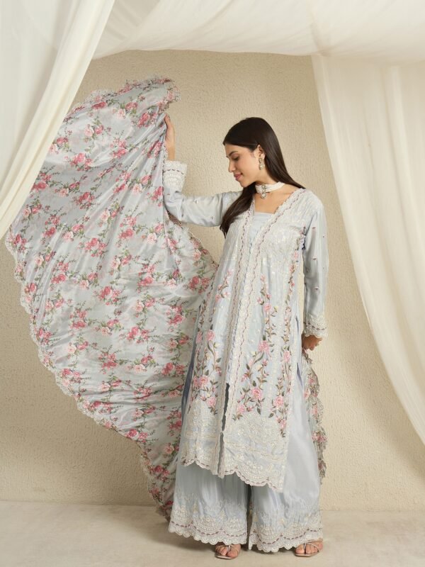 Light Blue Embroidered Kurta Palazzo | Square Neck | Digital Print