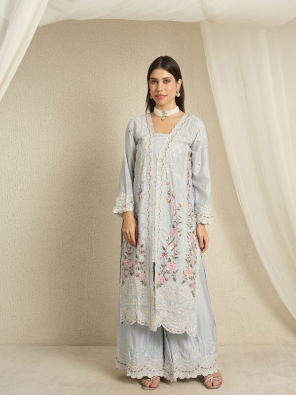 Light Blue Embroidered Kurta Palazzo | Square Neck | Digital Print