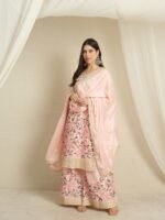 Light Pink Embroidered Kurta Palazzo | Round Neck | Knee Length